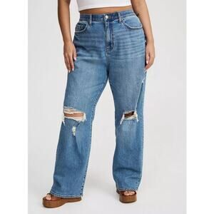 Torrid High-Rise Baggy Straight Classic Denim Jeans Distressed Medium Wash Zip
